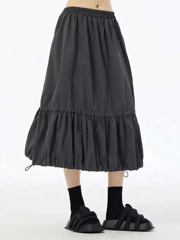 High Elastic Waist Black Drawstring Pleated A-line Half-body Skirt Women Fashion Tide New Spring Autumn 2025 1DH6607