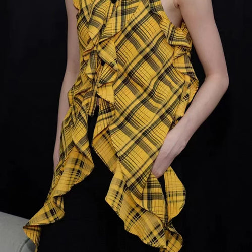 Load image into Gallery viewer, Hit Color Check Slimming Chic Vests For Women O Neck Sleeveless Minimalist Irregular Vest Female Fashion Style New
