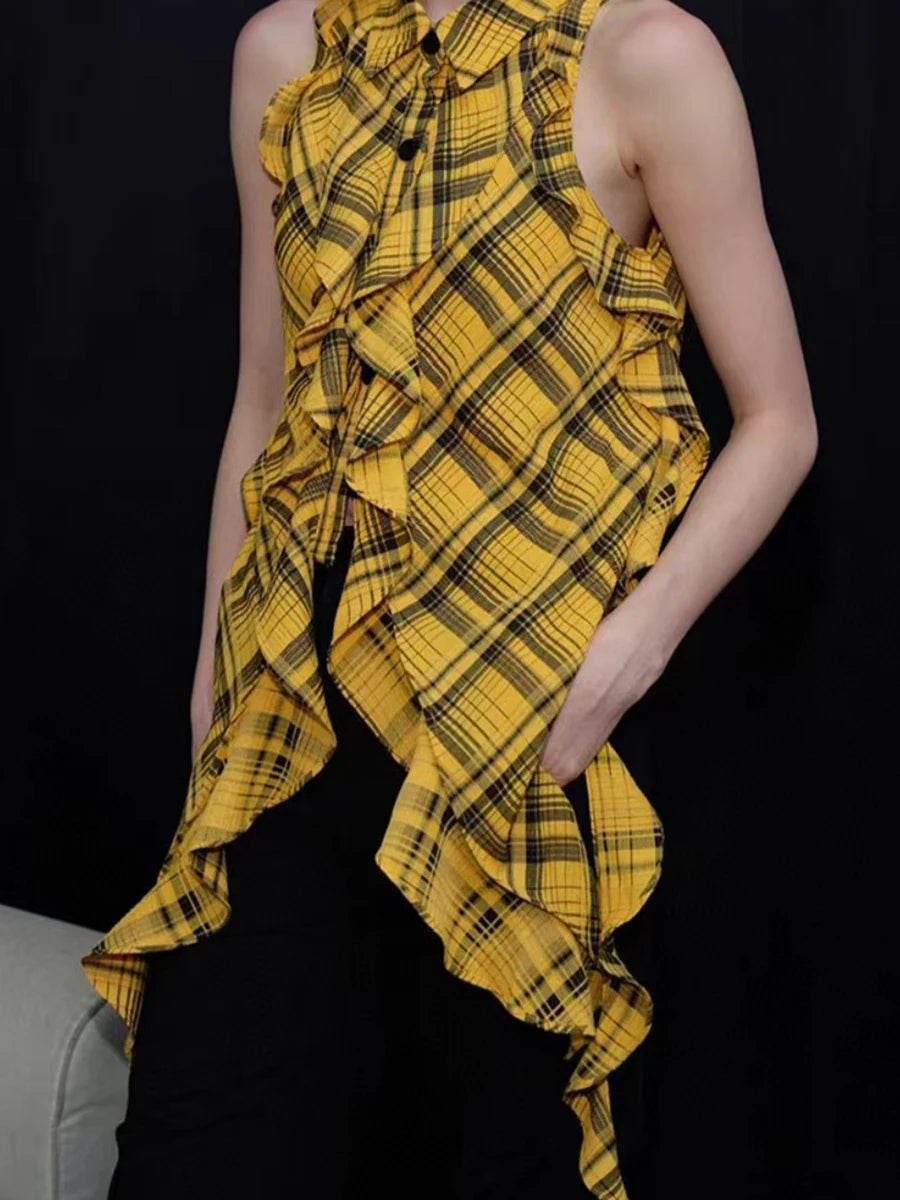 Hit Color Check Slimming Chic Vests For Women O Neck Sleeveless Minimalist Irregular Vest Female Fashion Style New