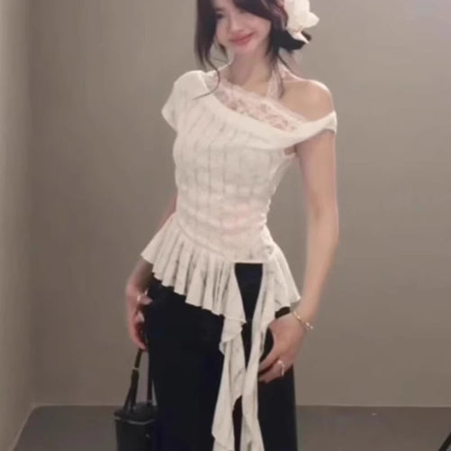 Load image into Gallery viewer, Y2k Aesthetic Lace Patchwork Slim Tshirts Women Harajuku Skew Collar Halter T-shirt 2025 Streetwear Irregular Ruffled Tees Femme
