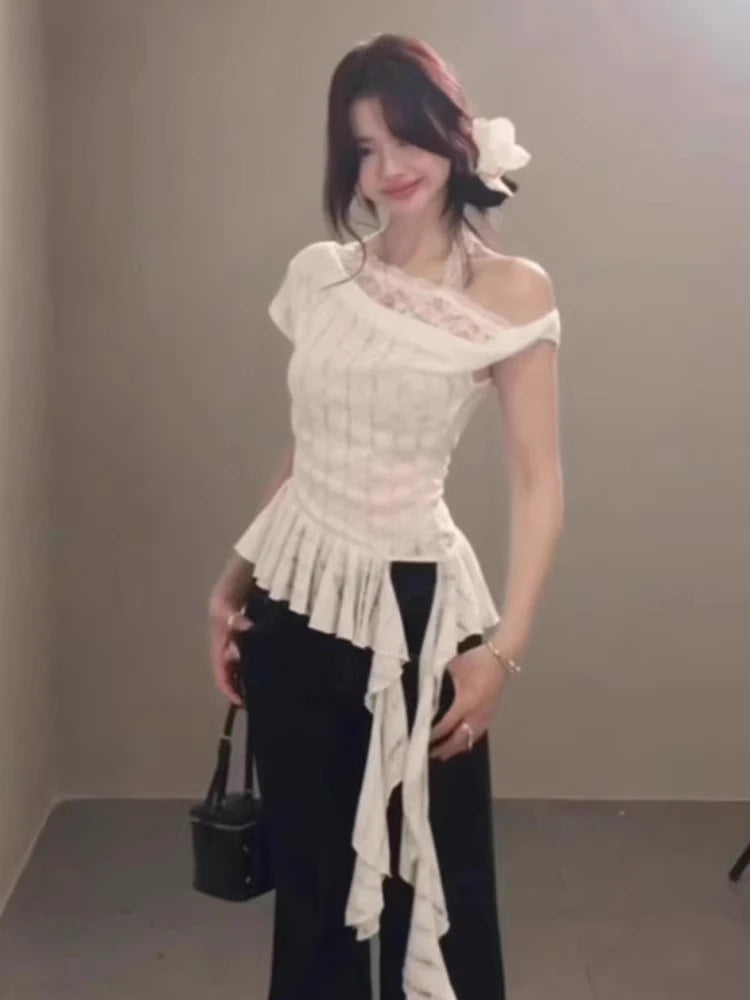 Y2k Aesthetic Lace Patchwork Slim Tshirts Women Harajuku Skew Collar Halter T-shirt 2025 Streetwear Irregular Ruffled Tees Femme