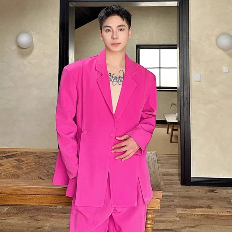 Korean Style Casual Male Two-Piece Set Slit Triple Breasted Solid Color Blazer Straight Leg Men's Pants Personalized 9C7239