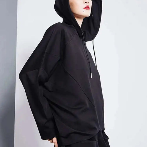 Load image into Gallery viewer, Black Irregular Hem Short Sweatshirt New Hooded Long Sleeve Women Big Size Fashion Tide Spring Autumn 2025 1DH7063
