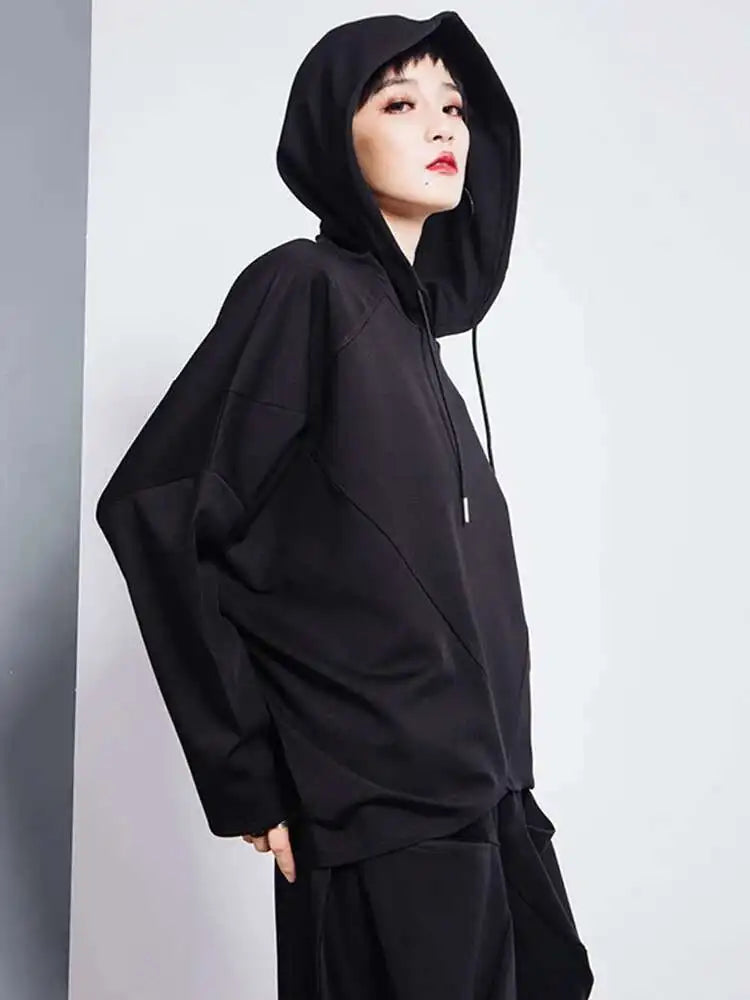 Black Irregular Hem Short Sweatshirt New Hooded Long Sleeve Women Big Size Fashion Tide Spring Autumn 2025 1DH7063