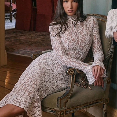 Load image into Gallery viewer, Elegant Lace Long Sleeve Bodycon Party Evening Dress Women 2025 New Autumn/Winter Tight Half High Neck Fishtail Dress
