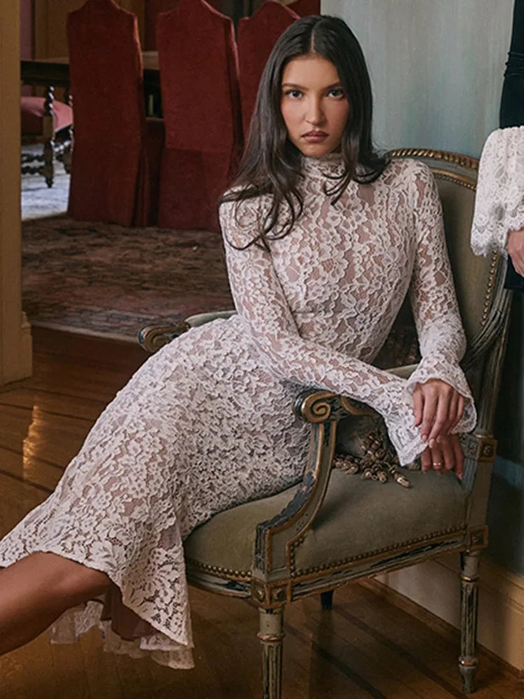 Elegant Lace Long Sleeve Bodycon Party Evening Dress Women 2025 New Autumn/Winter Tight Half High Neck Fishtail Dress