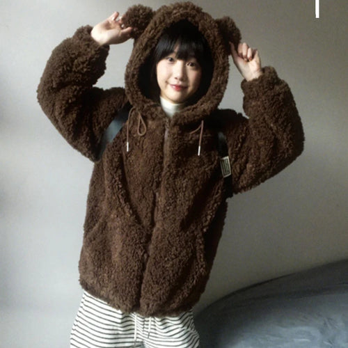 Load image into Gallery viewer, Y2k Aesthetic Zipper Hooded Harajuku Tops Casual Grunge Loose Drawstring Coats Women Streetwear Kawaii Cute Fluffy Warm Jackets
