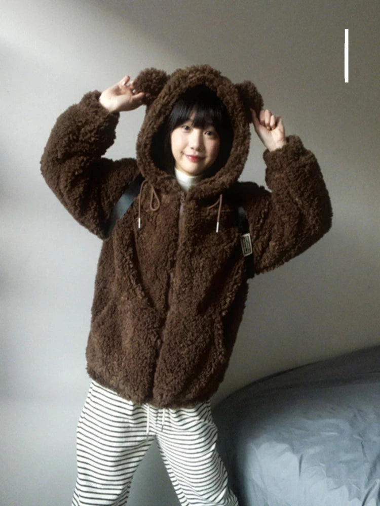 Y2k Aesthetic Zipper Hooded Harajuku Tops Casual Grunge Loose Drawstring Coats Women Streetwear Kawaii Cute Fluffy Warm Jackets