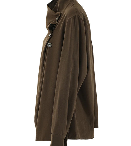 Women Brown Button Irregular Big Size Blouse New Stand Collar Long Sleeve Shirt Fashion Tide Spring Autumn 2025 CPG2111