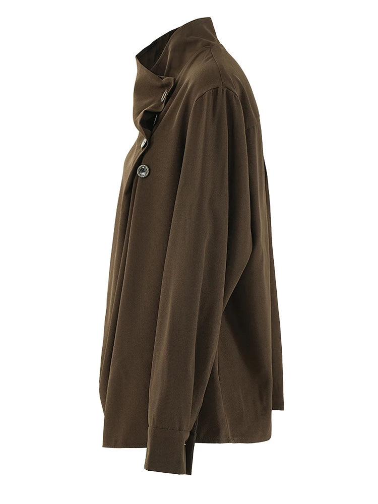 Women Brown Button Irregular Big Size Blouse New Stand Collar Long Sleeve Shirt Fashion Tide Spring Autumn 2025 CPG2111