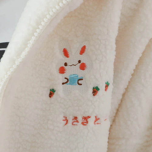 Load image into Gallery viewer, Lamb Wool Kawaii Zipper Hooded Jackets Women Cartoon Rabbit Embroidery Harajuku Warm Coat  Winter Long Sleeve Thick Outwears
