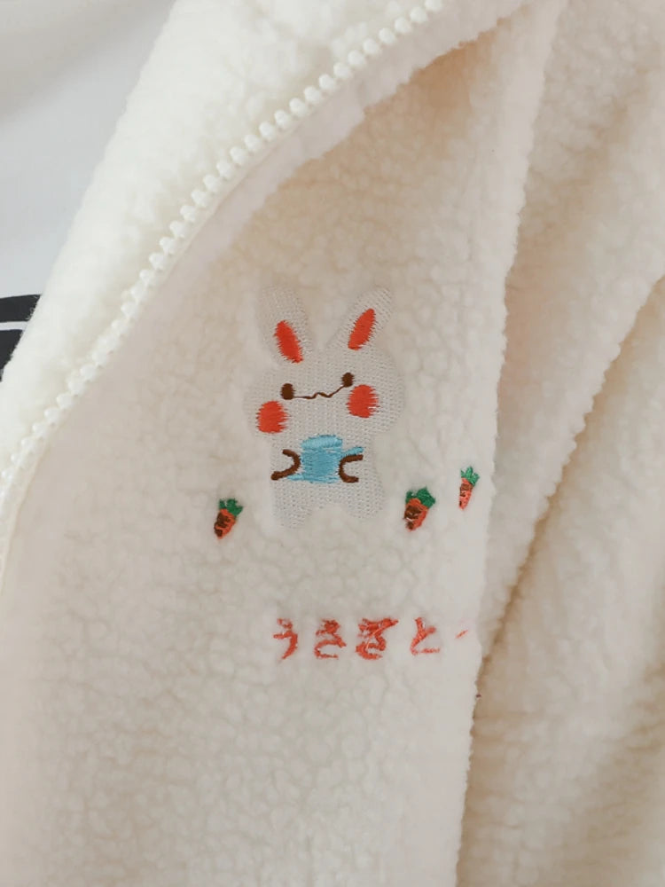 Lamb Wool Kawaii Zipper Hooded Jackets Women Cartoon Rabbit Embroidery Harajuku Warm Coat  Winter Long Sleeve Thick Outwears