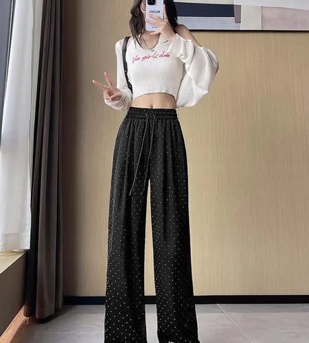 Women Black Diamond Wide Leg Long Pants 2024 Spring Summer White Straight Elastic Drawstring High Waist Lace-up Trousers Casual