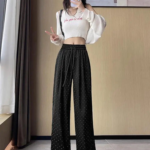 Load image into Gallery viewer, Women Black Diamond Wide Leg Long Pants 2024 Spring Summer White Straight Elastic Drawstring High Waist Lace-up Trousers Casual
