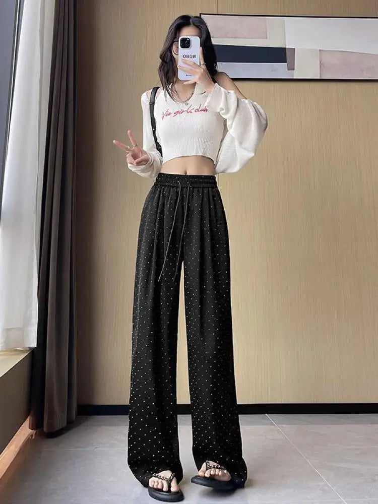 Women Black Diamond Wide Leg Long Pants 2024 Spring Summer White Straight Elastic Drawstring High Waist Lace-up Trousers Casual
