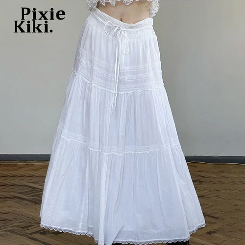 Load image into Gallery viewer, Bohemian Vacation White Skirts for Woman Drawstring Low Waist A-line Long Skirt Summer Clothes Women 2024 P77-EG15
