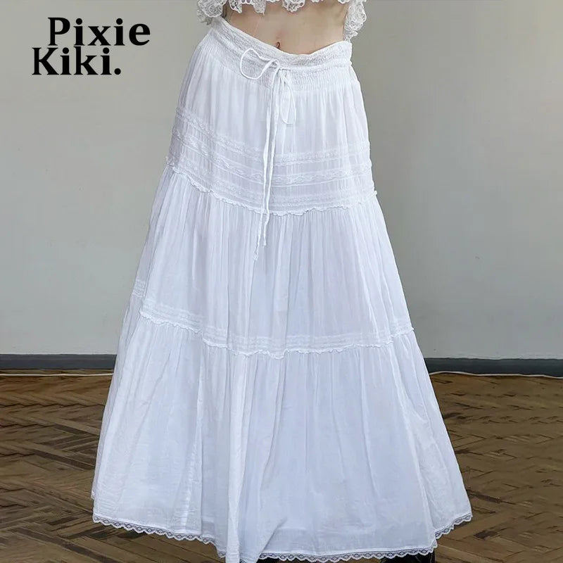 Bohemian Vacation White Skirts for Woman Drawstring Low Waist A-line Long Skirt Summer Clothes Women 2024 P77-EG15