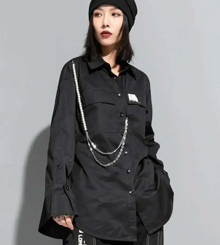 Women Black Metal Chain Long Big Size Blouse New Lapel Long Sleeve Loose Fit Shirt Fashion Tide Spring Autumn 2025 1DF1322