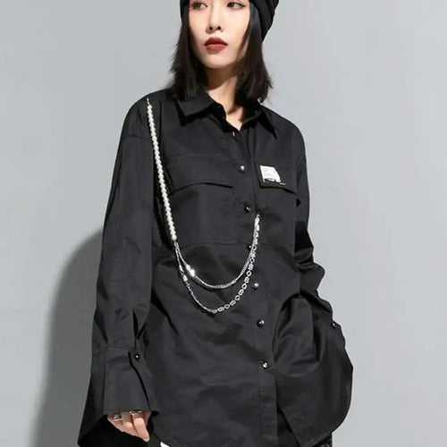 Load image into Gallery viewer, Women Black Metal Chain Long Big Size Blouse New Lapel Long Sleeve Loose Fit Shirt Fashion Tide Spring Autumn 2025 1DF1322
