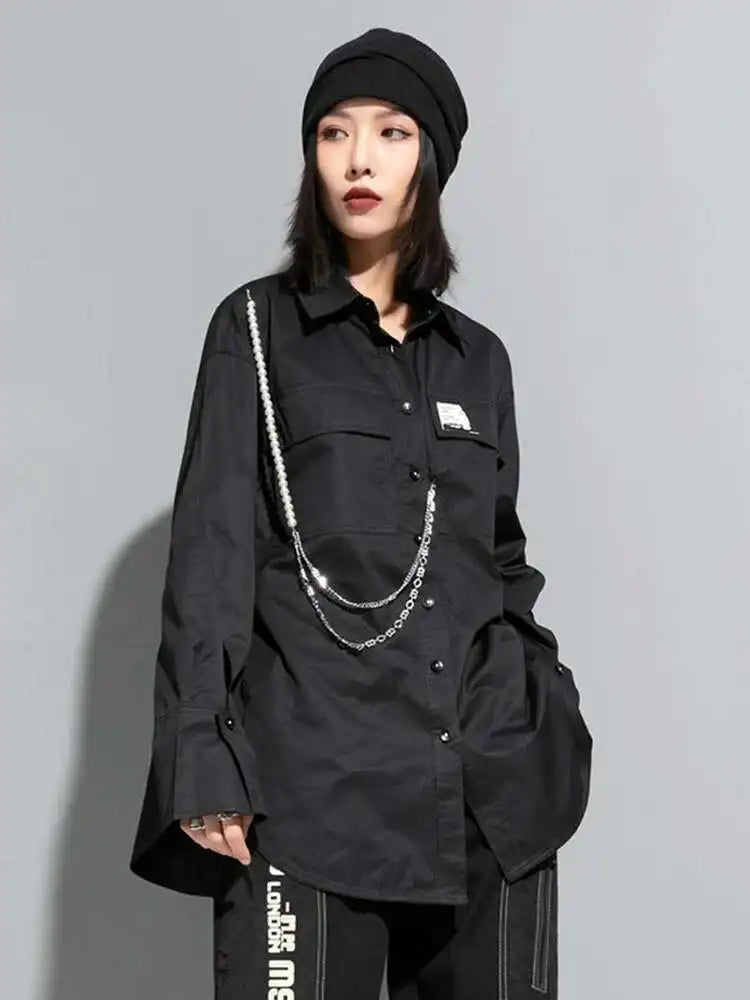 Women Black Metal Chain Long Big Size Blouse New Lapel Long Sleeve Loose Fit Shirt Fashion Tide Spring Autumn 2025 1DF1322