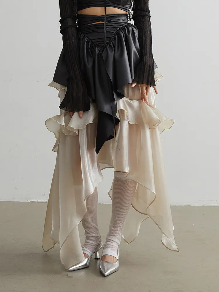 Colorblock Patchwork Ruffles Elegant Skirts For Women High Waist Spliced Folds Temperament Skirt Female Fashion