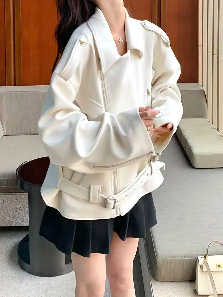 Beige Suede Belted Big Size Casual Jacket New Lapel Long Sleeve Women Coat Fashion Tide Spring Autumn 2025 1DH9701