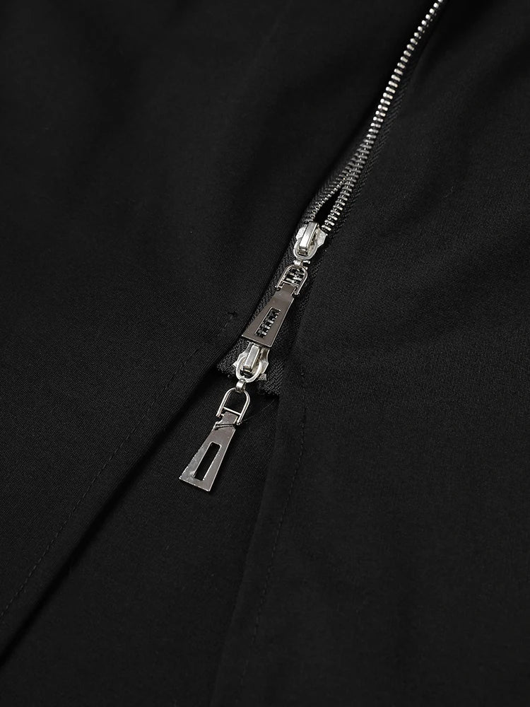 Women Black Zipper Irregular Hem Slit Midi Dress New Turtleneck Long Sleeve Fashion Tide Spring Autumn 2025 1DH9354