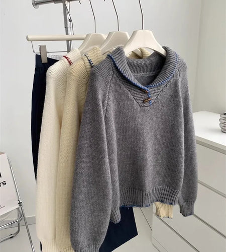 Korean Fashion 2024 New Solid Versatile Short Crochet Knitted Sweater Women Autumn Winter Long Sleeve Pullover Tops Streetwear