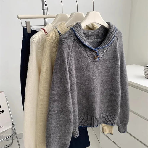 Load image into Gallery viewer, Korean Fashion 2024 New Solid Versatile Short Crochet Knitted Sweater Women Autumn Winter Long Sleeve Pullover Tops Streetwear
