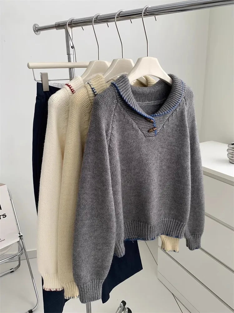 Korean Fashion 2024 New Solid Versatile Short Crochet Knitted Sweater Women Autumn Winter Long Sleeve Pullover Tops Streetwear