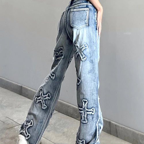 Load image into Gallery viewer, Streetwear Grunge Letter Patched Distressed Women Jeans Straight Casual Y2K Design Denim Trousers Korean Style Bottom
