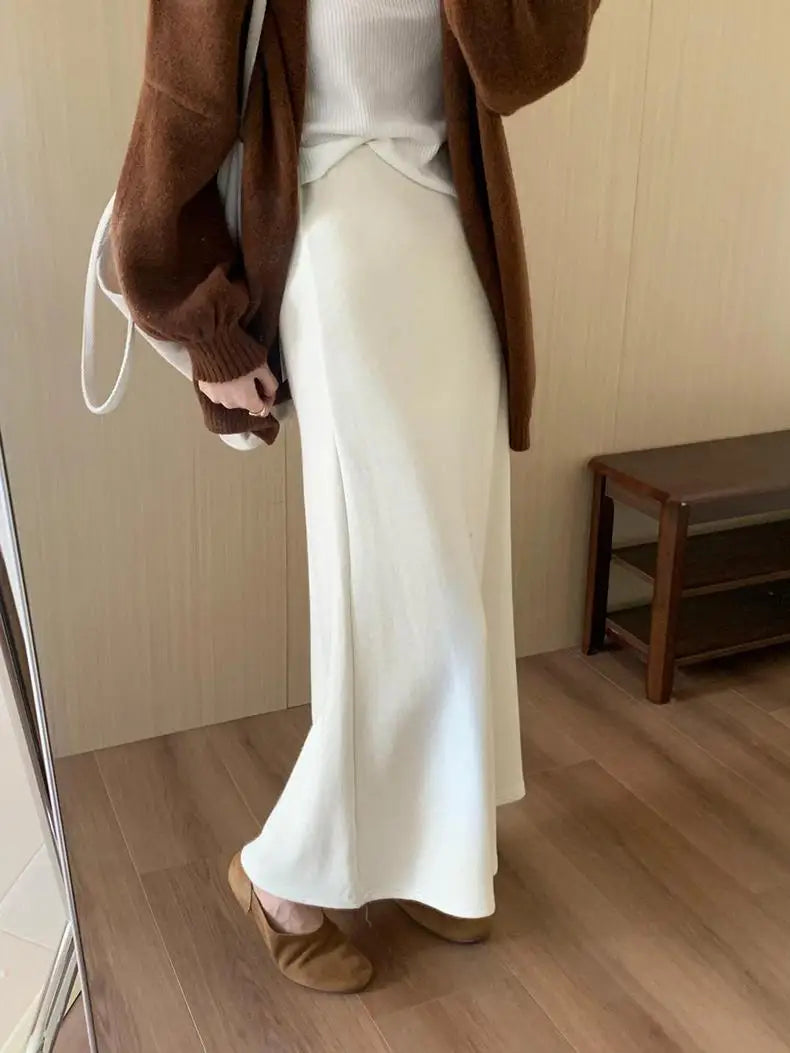 Korean Version 2024 Solid High Waist Versatile Slim Long Skirts For Women Autumn Office Elegant Festival Skirt Simplicity Street