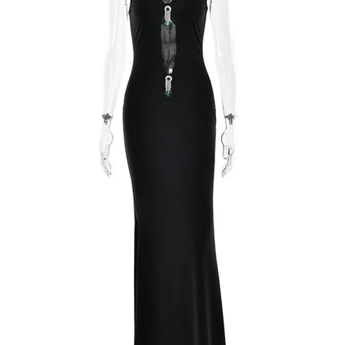 Load image into Gallery viewer, Hollow Out Pearl Tassel Sexy Maxi Dress For Women Black O Neck Sleeveless High Waist Bodycon Club Party Long Dress
