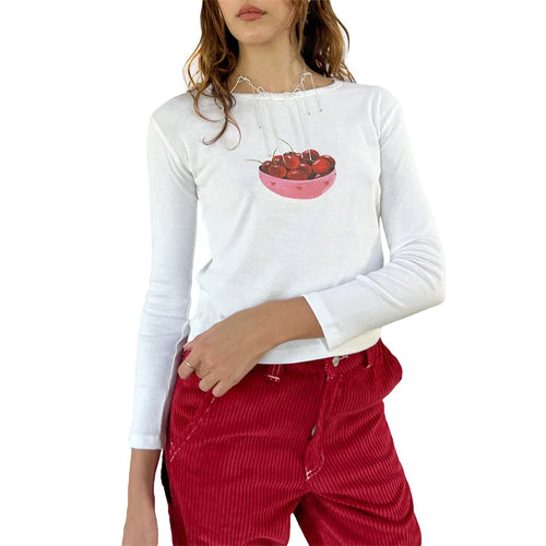 Load image into Gallery viewer, y2k Crop Top 2000s Women Graphic Cherry/Cake Print Round Neck Long Sleeve T Shirt Aesthetic Clothing White Streetwear

