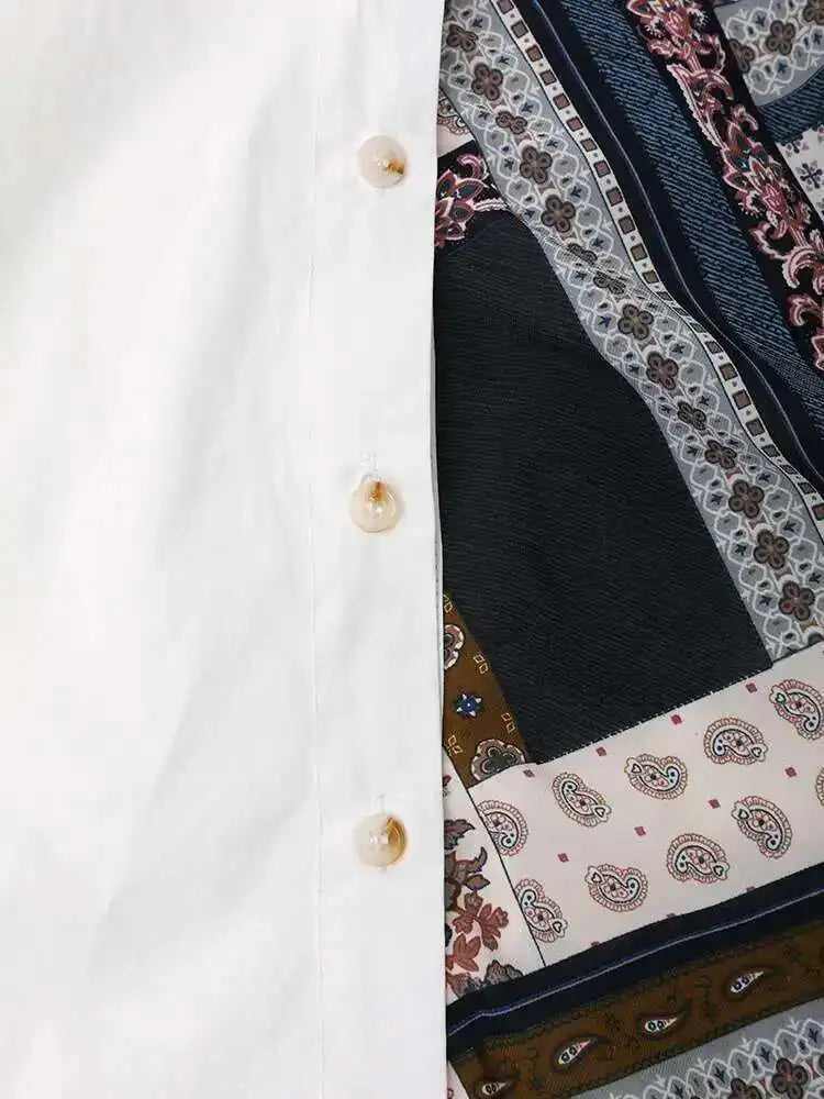 Women White Pattern Printed Irregular Big Size Blouse New Lapel Long Sleeve Shirt Fashion Tide Spring Autumn 2025 CPG1305