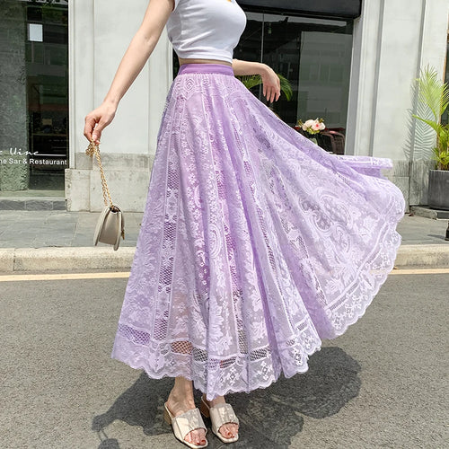 Load image into Gallery viewer, Spring Summer French Fashion Vintage Solid Lace Slim Long Skirt Women High Waist Elegant Party Pleated A-line Skirt New Clothing
