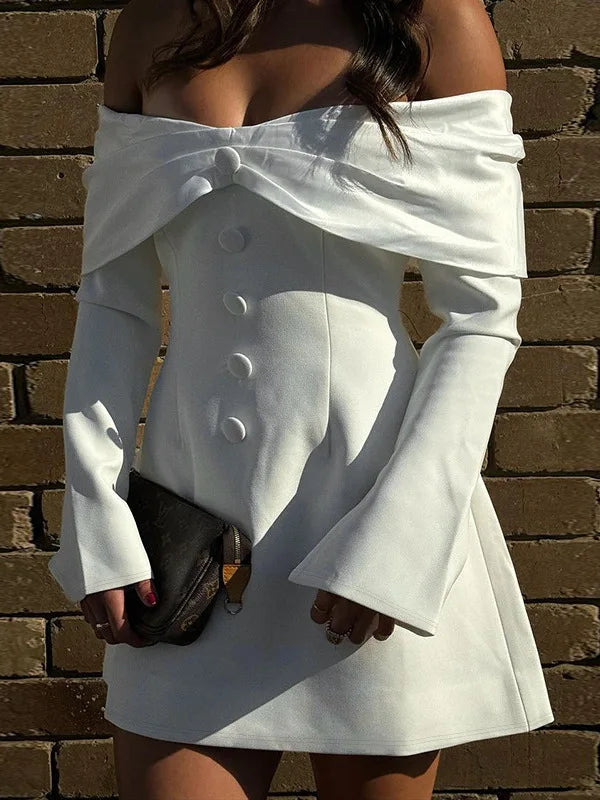 Fashion Long Sleeve Button Bodycon Women Dress 2024 Autumn New Skirt Sexy Slim One Shoulder Party Club Evening Dress