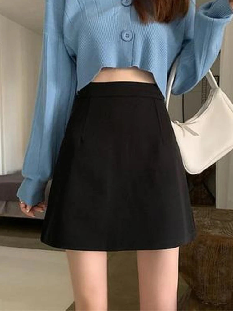 Black Skirts Women Mid-calf College A-line High Waist Korean Style OL All-match Friends  Streetwear Chic Female Bottom