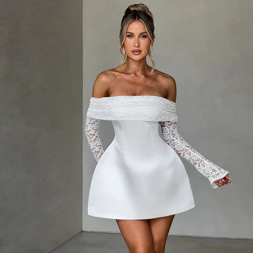 Load image into Gallery viewer, Off-shoulder Long Sleeve Sexy Mini Dress For Women Robe Strapless Backless High Waist A-line Elegant Club Party Dress
