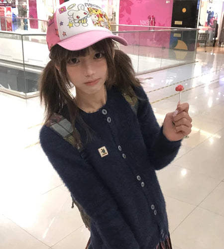 Japanese Y2k Furry Cardigan 2000s Style Knitted Fur Coat Vintage Harajuku Navy Blue Thick Knitwear Korean Fashion 90s