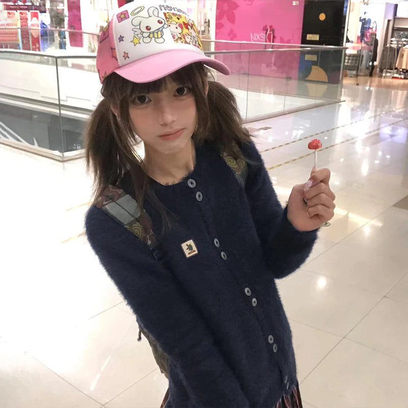 Japanese Y2k Furry Cardigan 2000s Style Knitted Fur Coat Vintage Harajuku Navy Blue Thick Knitwear Korean Fashion 90s