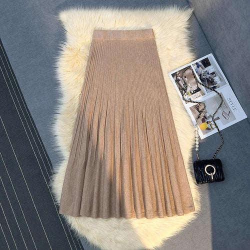Load image into Gallery viewer, Autumn Winter New Women's Solid Elegant Knitted Long Skirt Elastic High Waist Vacation Party Wrap Hip Pleated Skirts 2024 Casual
