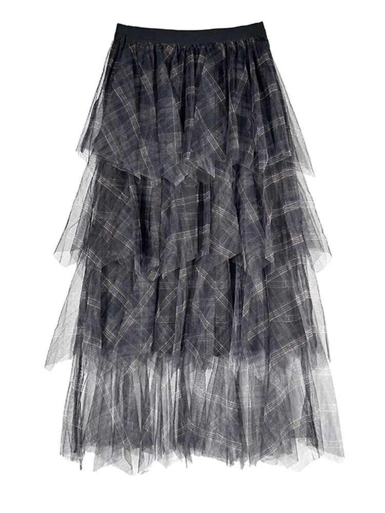 High Elastic Waist Black Plaid Irregular Layers Mesh Cake Half-body Skirt Women Fashion New Spring Autumn 2025 1DJ0382