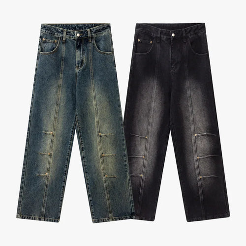 Load image into Gallery viewer, American Style Men's Denim Pants Washing Solid Color Washing Metal Design Straight Wide Leg Loose Male Jeans Summer 9W1984
