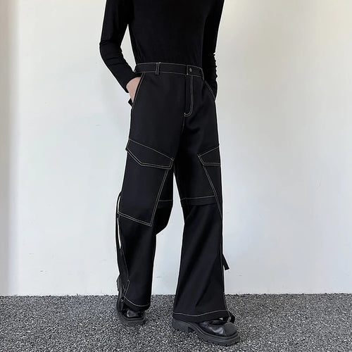 Load image into Gallery viewer, Men&#39;s Trousers Autumn Personalized Loose Pocket Open Thread Straight Leg Wide Leg Cargo Pants Adjustable Drawstring 9C3223
