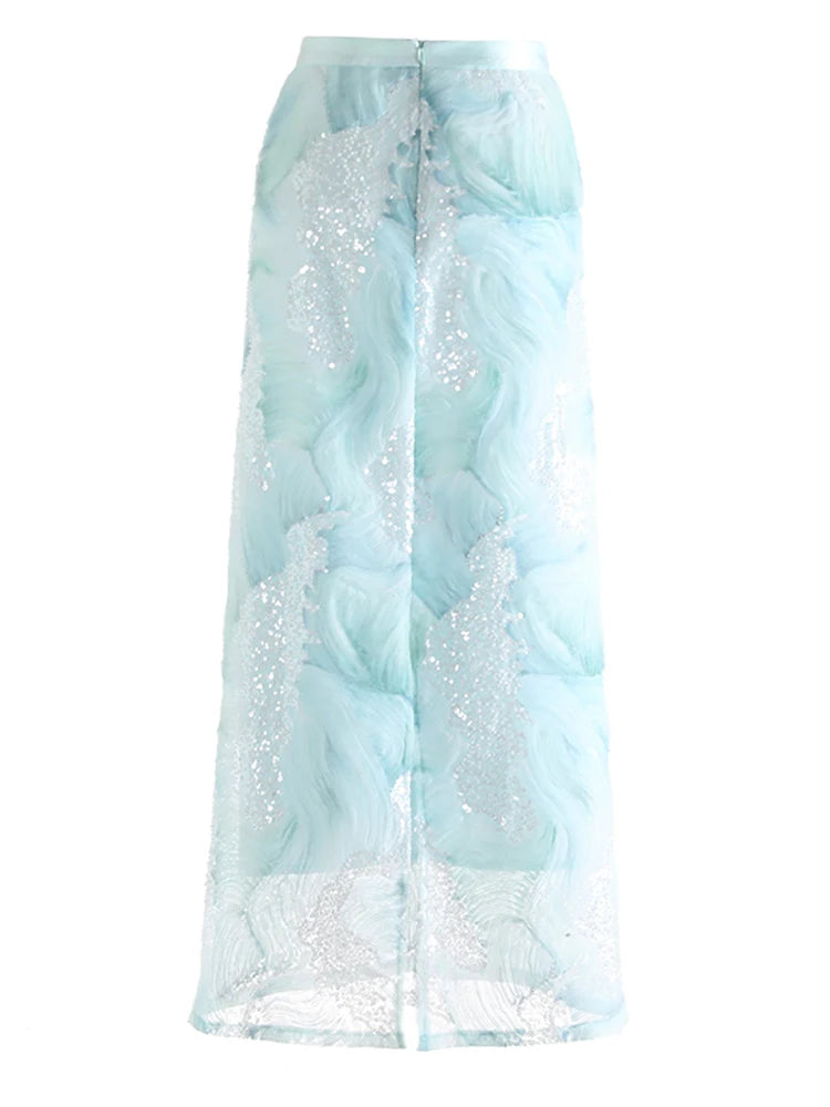 High Elastic Waist Blue Tie Dye Nailed Mesh Elegant Long Half-body Skirt Women Fashion Tide New Spring Autumn 20251DJ0705