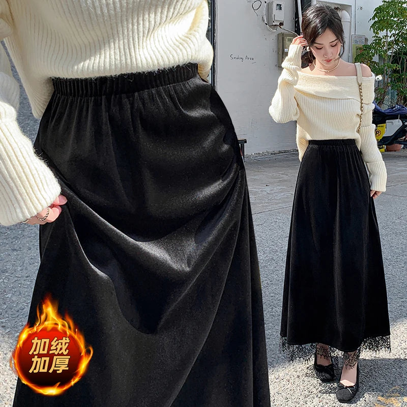 French Fashion Women Black Velvet Lace Elegant Vacation Pleated Long Skirt 2024 Autumn Winter New Elastic High Waist Party Skirt
