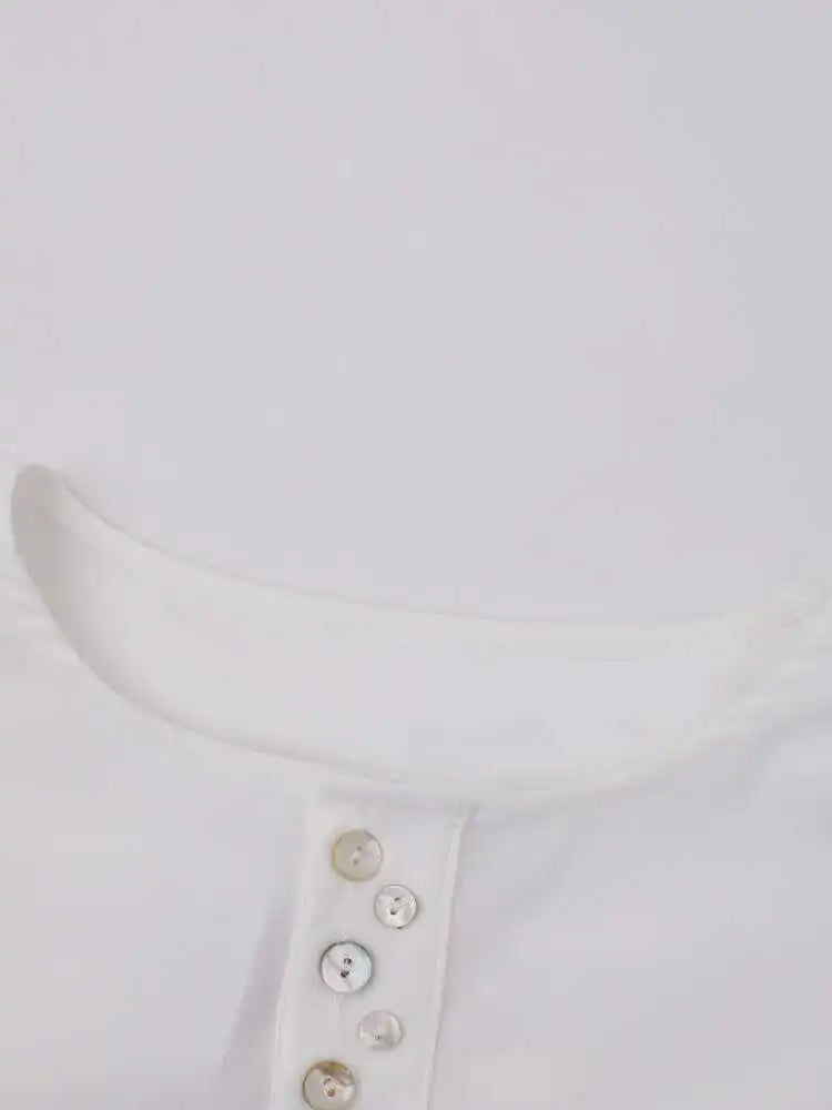 Women White Irreuglar Button Big Size Elegant Blouse New Round Neck Long Sleeve Shirt Fashion Spring Autumn 2025 CPG1558