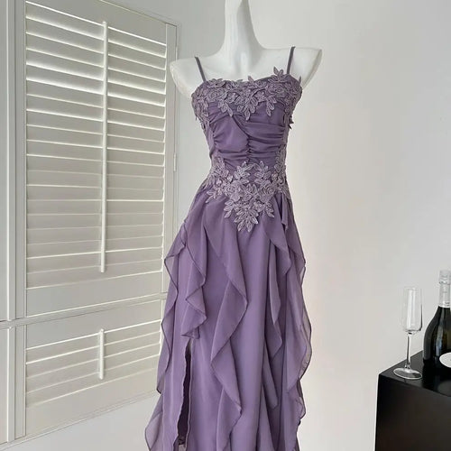 Load image into Gallery viewer, Summer French Vintage New Purple Elegant Slim Backless Party Dress Women Beige High Waist Sleeveless Ruffle Edge Slip Long Dress
