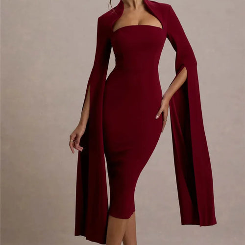 Load image into Gallery viewer, Cape Long Sleeve Sexy Midi Dress For Women Autumn Winter New Square Collar Back Slit Bodycon Club Party Long Dress

